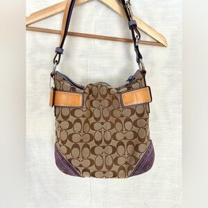 Vintage Coach Tan and Brown C Women's Bag with Purple Suede Detail luxury Y2K
